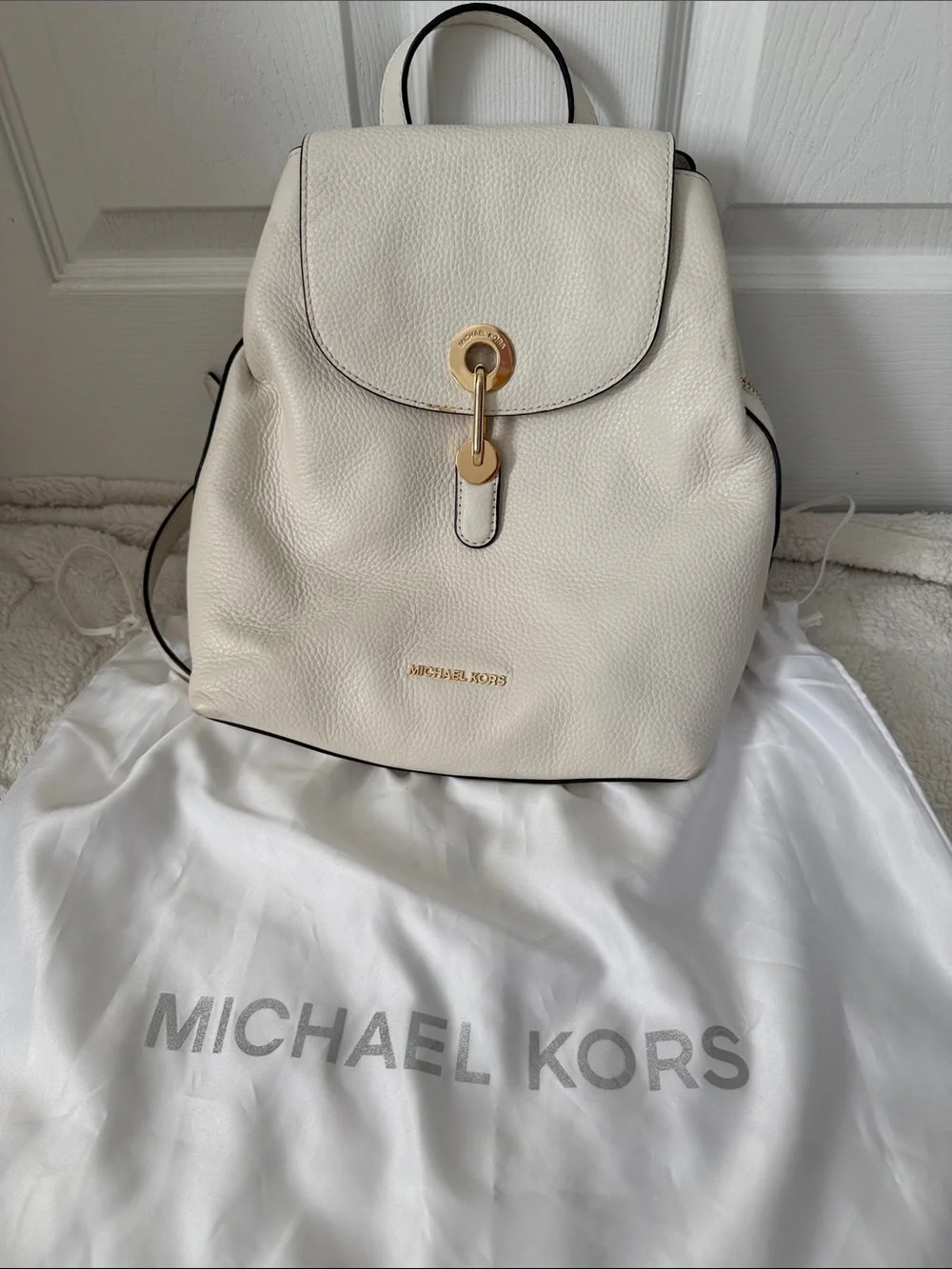 Michael Kors Off-White Pebbled Leather Backpack with Gold Hardware